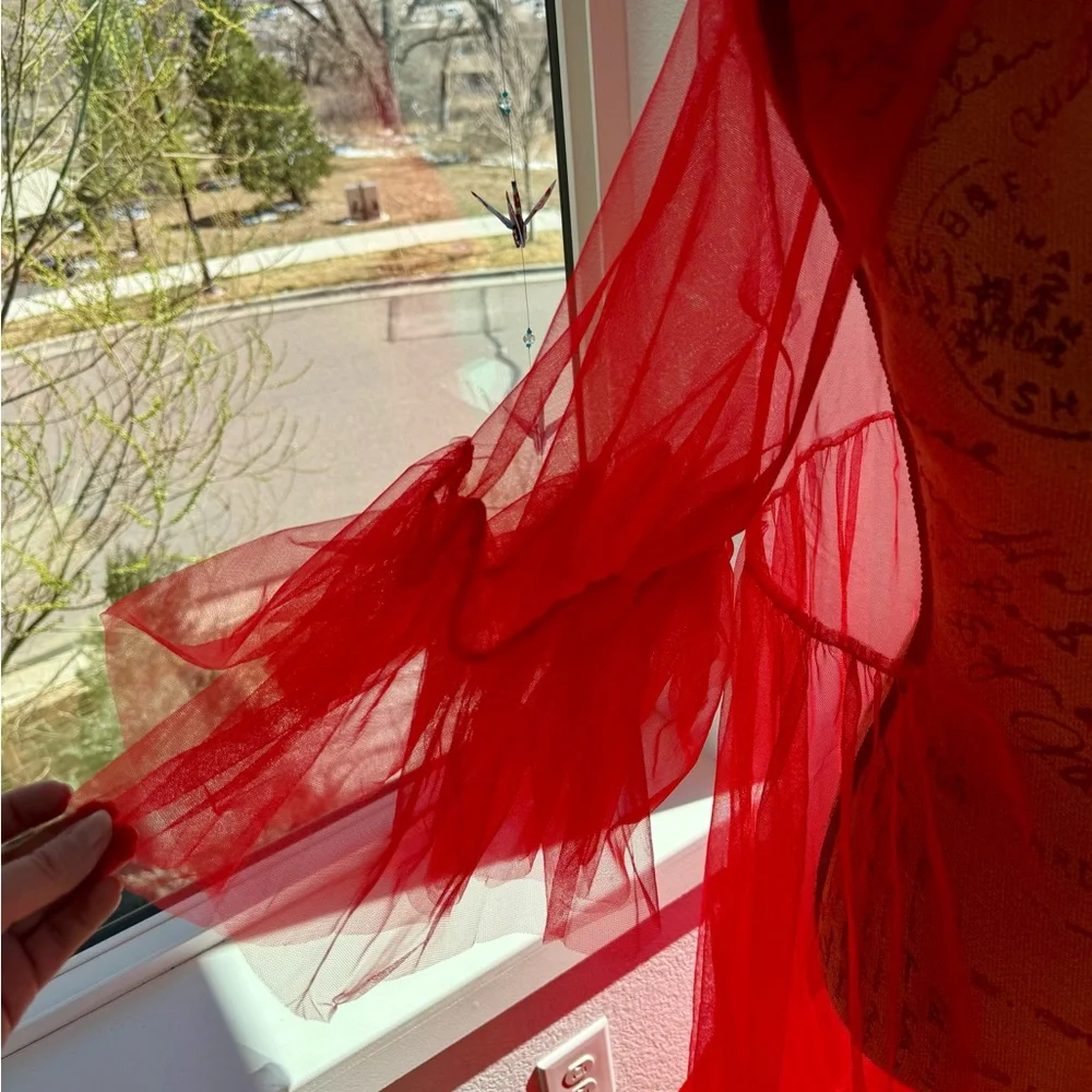 Red Sheer Tulle Gown with Dramatic Sleeves - Picture 5 of 6